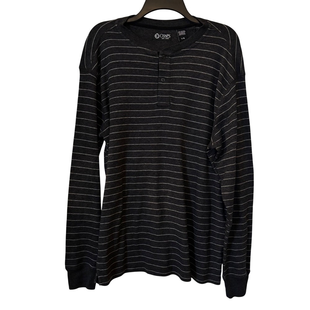 Chaps Men's Henley Shirt Large‎ Long Sleeve Gray Striped